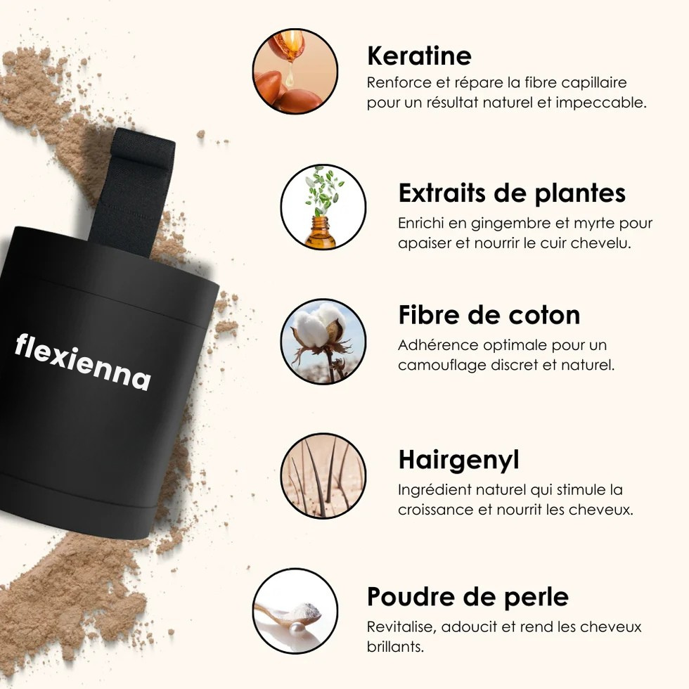 Poudre Capillaire Flexienna™ – Camouflez instantanément les zones sans cheveux